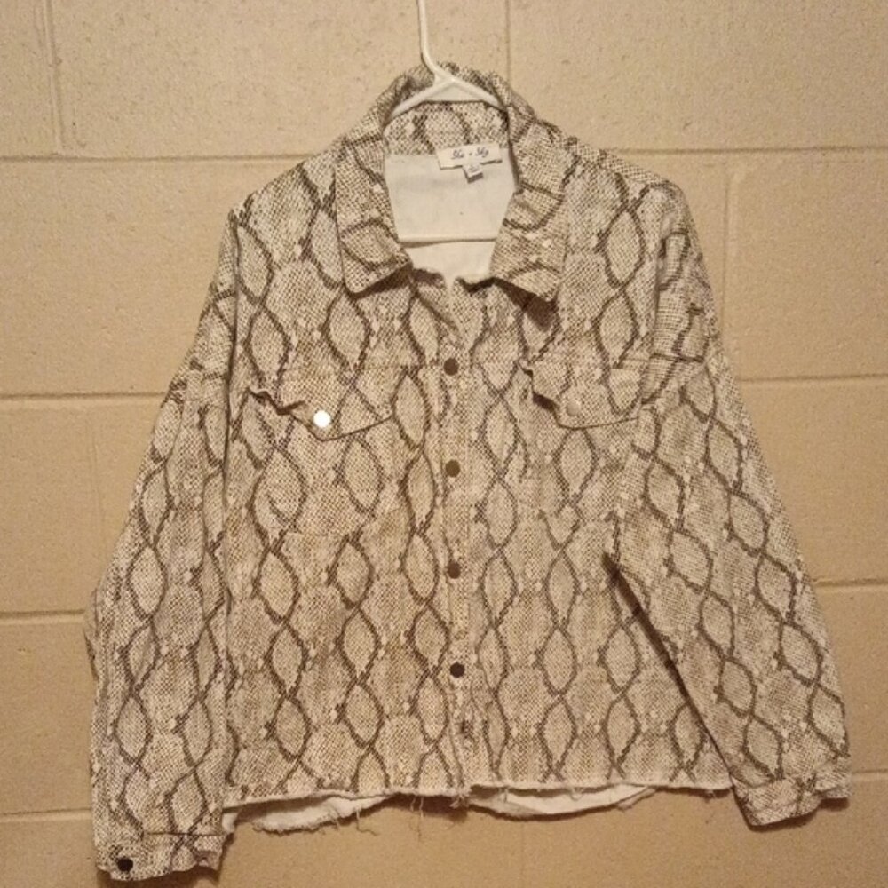 She + Sky Black and White Snake Print Jean Jacket